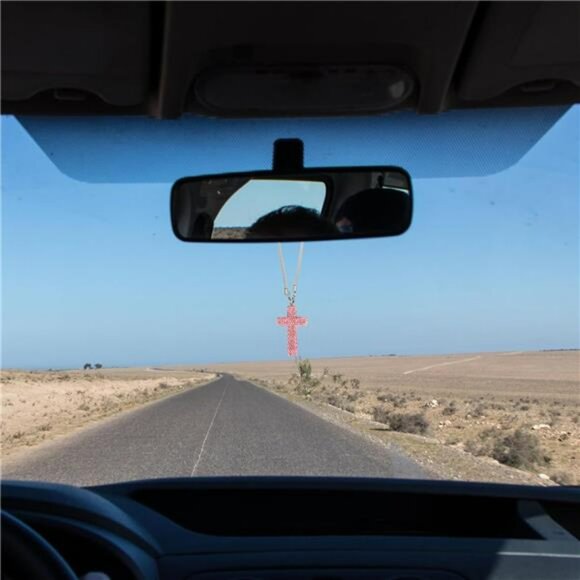 Pink rhinestone cross car mirror hanging ornament christian rearview charm decor - Picture 5 of 8